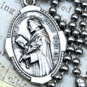 Vintage Saints Dominic and Ann Religious Medal Charm Pendant Long Chain Necklace